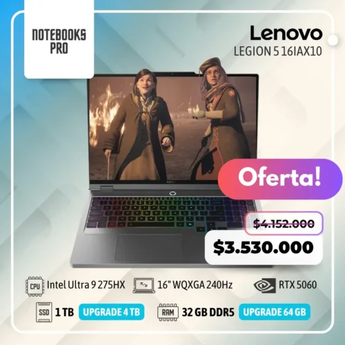 LENOVO LEGION 5 16IAX10 - Intel Core Ultra 9 275HX - SSD 1 TB - 32 GB RAM DDR5 - RTX 5060 - 16" WQXGA IPS 240Hz - Teclado Retroiluminado - 24 Núcleos