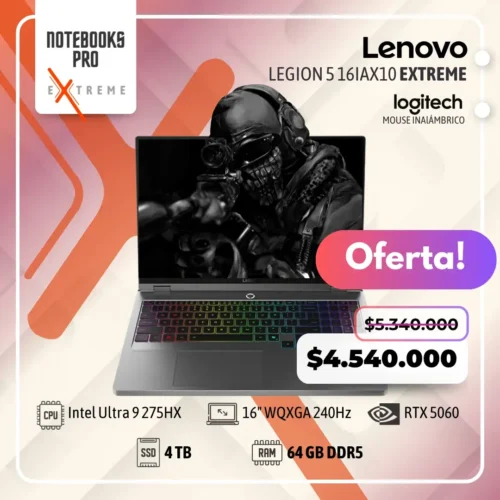 LENOVO LEGION 5 16IAX10 EXTREME - Intel Core Ultra 9 275HX - SSD 4 TB - 64 GB RAM DDR5 - RTX 5060 - 16" WQXGA IPS 240Hz - Teclado Retroiluminado - 24 Núcleos
