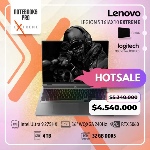 LENOVO LEGION 5 16IAX10 EXTREME - Intel Core Ultra 9 275HX - SSD 4 TB - 64 GB RAM DDR5 - RTX 5060 - 16" WQXGA IPS 240Hz - Teclado Retroiluminado - 24 Núcleos