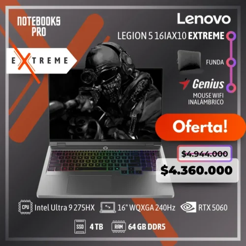 LENOVO LEGION 5 16IAX10 EXTREME - Intel Core Ultra 9 275HX - SSD 4 TB - 64 GB RAM DDR5 - RTX 5060 - 16" WQXGA IPS 240Hz - Teclado Retroiluminado - 24 Núcleos