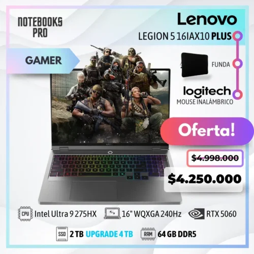 LENOVO LEGION 5 16IAX10 PLUS - Intel Core Ultra 9 275HX - SSD 2 TB - 64 GB RAM DDR5 - RTX 5060 - 16" WQXGA IPS 240Hz - Teclado Retroiluminado - 24 Núcleos
