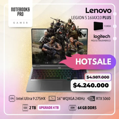 LENOVO LEGION 5 16IAX10 PLUS - Intel Core Ultra 9 275HX - SSD 2 TB - 64 GB RAM DDR5 - RTX 5060 - 16" WQXGA IPS 240Hz - Teclado Retroiluminado - 24 Núcleos
