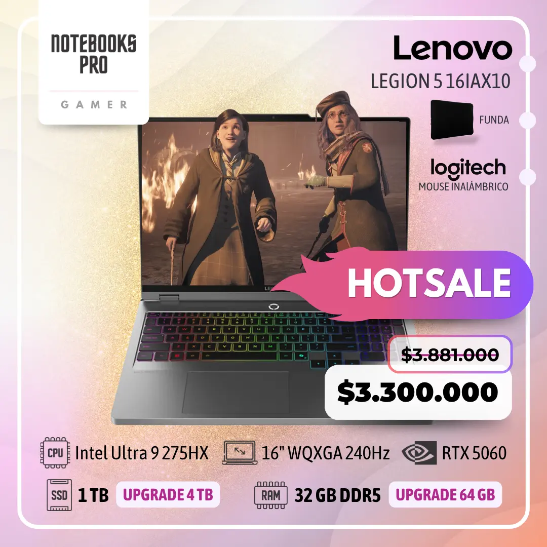 LENOVO LEGION 5 16IAX10 - Intel Core Ultra 9 275HX - SSD 1 TB - 32 GB RAM DDR5 - RTX 5060 - 16" WQXGA IPS 240Hz - Teclado Retroiluminado - 24 Núcleos