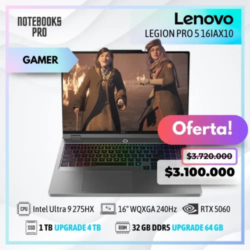 LENOVO LEGION PRO 5 16IAX10 - Intel Core Ultra 9 275HX - SSD 1 TB - 32 GB RAM DDR5 - RTX 5060 - 16" WQXGA IPS 240Hz - Teclado Retroiluminado - 24 Núcleos