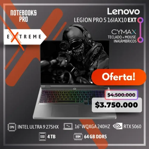 LENOVO LEGION PRO 5 16IAX10 EXTREME - Intel Core Ultra 9 275HX - SSD 4 TB - 64 GB RAM DDR5 - RTX 5060 - 16" WQXGA IPS 240Hz - Teclado Retroiluminado - 24 Núcleos + KIT TECLADO + MOUSE WIRELESS CYMAX