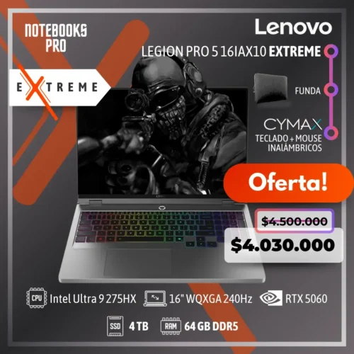 LENOVO LEGION 5 16IAX10 EXTREME - Intel Core Ultra 9 275HX - SSD 4 TB - 64 GB RAM DDR5 - RTX 5060 - 16" WQXGA IPS 240Hz - Teclado Retroiluminado - 24 Núcleos