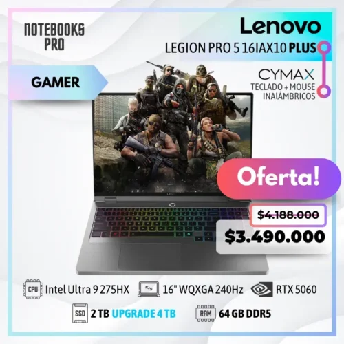 LENOVO LEGION PRO 5 16IAX10 PLUS - Intel Core Ultra 9 275HX - SSD 2 TB - 64 GB RAM DDR5 - RTX 5060 - 16" WQXGA IPS 240Hz - Teclado Retroiluminado - 24 Núcleos + KIT TECLADO + MOUSE WIRELESS CYMAX