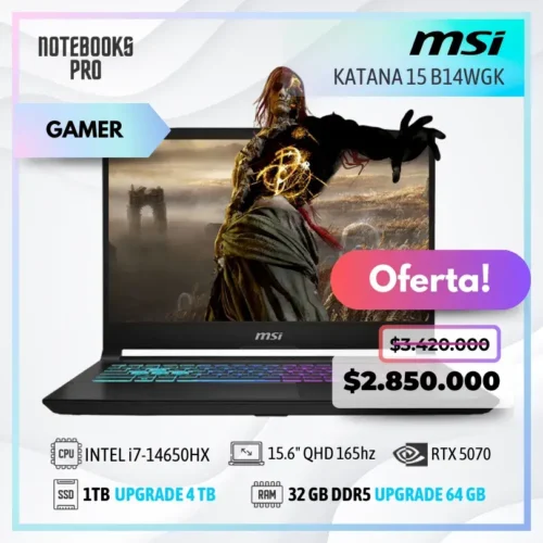 MSI KATANA 15 B14WGK - i7-14650HX - SSD 1TB - 32 GB RAM DDR5 - RTX 5070 - 15.6" QHD 165hz - Teclado retroiluminado - 16 núcleos