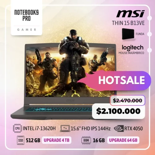 MSI THIN 15 B13VE - i7-13620H - SSD 512 GB - 16 GB RAM - RTX 4050 - 15.6" FHD IPS 144Hz - Teclado Retroiluminado - 10 Núcleos