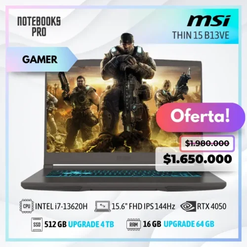 MSI THIN 15 B13VE - i7-13620H - SSD 512 GB - 16 GB RAM - RTX 4050 - 15.6" FHD IPS 144Hz - Teclado Retroiluminado - 10 Núcleos