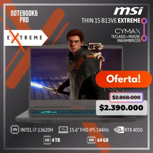 MSI THIN 15 B13VE EXTREME - i7-13620H - SSD 4 TB - 64 GB RAM - RTX 4050 - 15.6" FHD IPS 144Hz - Teclado Retroiluminado - 10 Núcleos