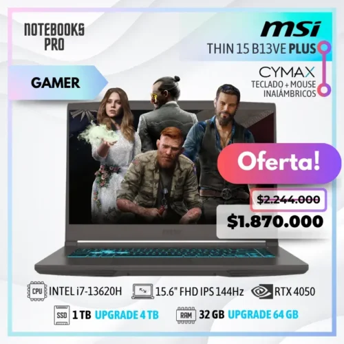 MSI THIN 15 B13VE PLUS - i7-13620H - SSD 1 TB - 32 GB RAM - RTX 4050 - 15.6" FHD IPS 144Hz - Teclado Retroiluminado - 10 Núcleos