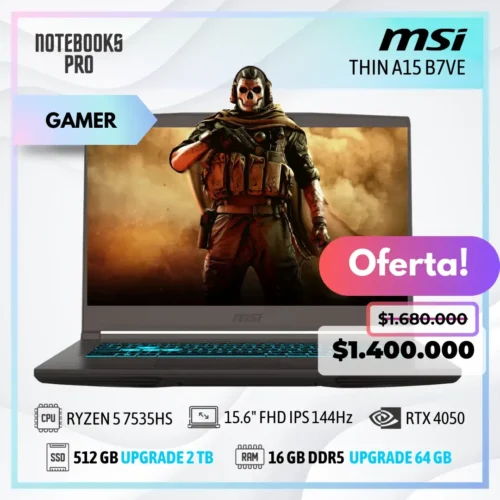 MSI THIN A15 B7VE - RYZEN 5 7535HS - SSD 512 GB - 16 GB RAM DDR5 - RTX 4050 - 15.6" FHD IPS 144Hz - Teclado Retroiluminado - 6 Núcleos