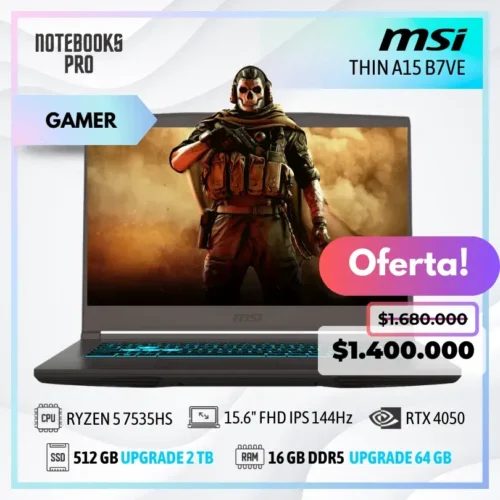 MSI THIN A15 B7VE - RYZEN 5 7535HS - SSD 512 GB - 16 GB RAM DDR5 - RTX 4050 - 15.6" FHD IPS 144Hz - Teclado Retroiluminado - 6 Núcleos