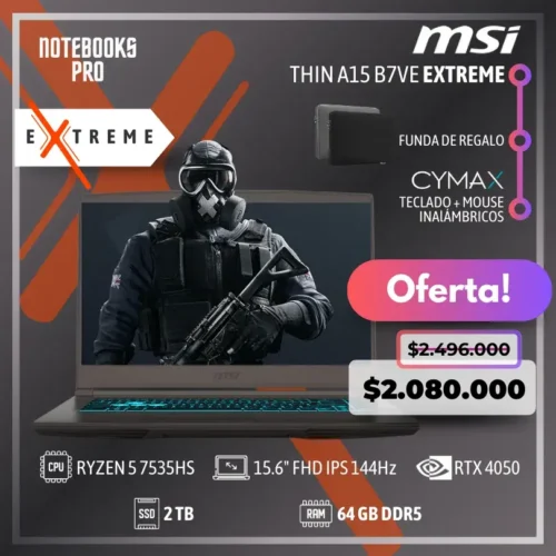 MSI THIN A15 B7VE EXTREME - RYZEN 5 7535HS - SSD 2 TB - 64 GB RAM DDR5 - RTX 4050 - 15.6" FHD IPS 144Hz - Teclado Retroiluminado - 6 Núcleos