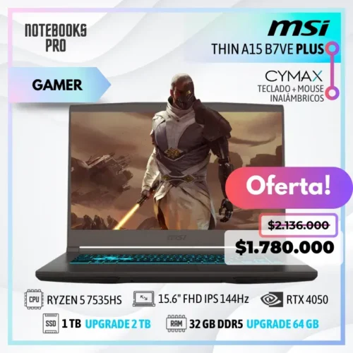 MSI THIN A15 B7VE PLUS - RYZEN 5 7535HS - SSD 1 TB - 32 GB RAM DDR5 - RTX 4050 - 15.6" FHD IPS 144Hz - Teclado Retroiluminado - 6 Núcleos