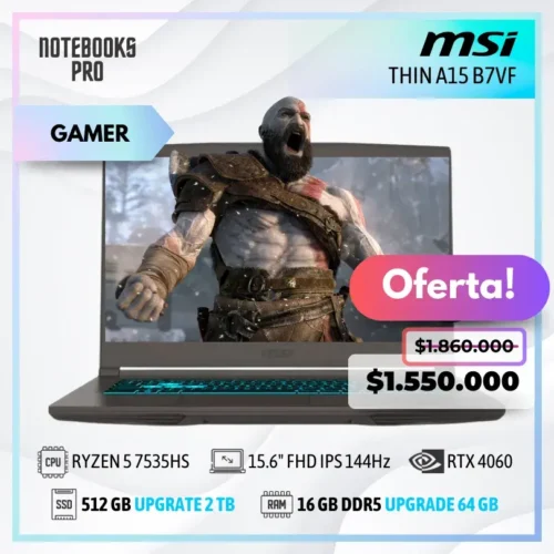MSI THIN A15 B7VF - RYZEN 5 7535HS - SSD 512 GB - 16 GB RAM DDR5 - RTX 4060 - 15.6" FHD IPS 144Hz - Teclado Retroiluminado - Lector huella - 6 Núcleos