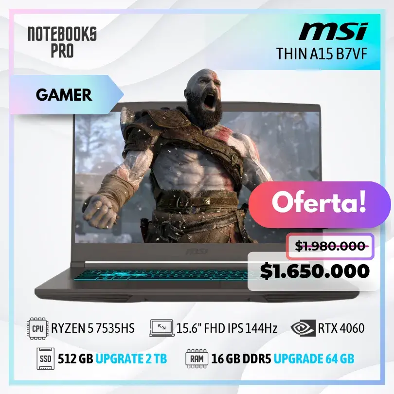 MSI THIN A15 B7VF - RYZEN 5 7535HS - SSD 512 GB - 16 GB RAM DDR5 - RTX 4060 - 15.6" FHD IPS 144Hz - Teclado Retroiluminado - 6 Núcleos