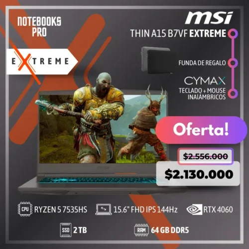 MSI THIN A15 B7VF EXTREME - RYZEN 5 7535HS - SSD 2 TB - 64 GB RAM DDR5 - RTX 4060 - 15.6" FHD IPS 144Hz - Teclado Retroiluminado - Lector huella - 6 Núcleos