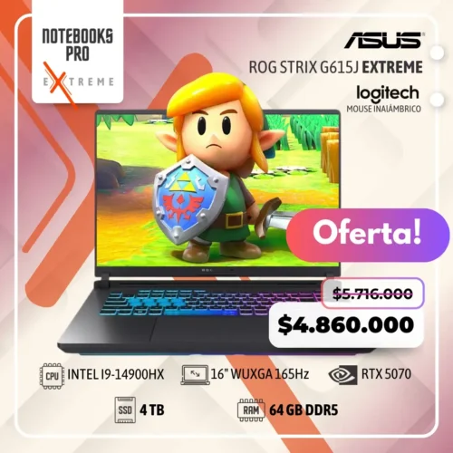 ASUS ROG STRIX G615J EXTREME - i9-14900HX - SSD 4 TB - 64 GB RAM DDR5 - 16" WUXGA 165Hz - RTX 5070 + Funda de regalo y combo cymax
