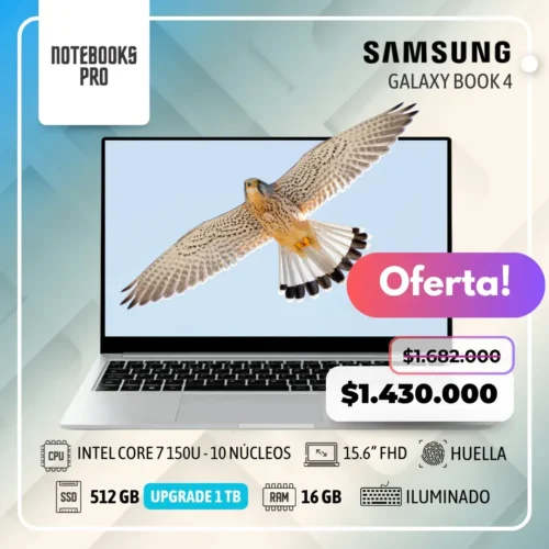 SAMSUNG GALAXY BOOK 4 - INTEL CORE 7 150U - SSD 512 GB - 16 GB RAM - 15.6” FHD - Teclado Retroiluminado - Lector huella - 10 núcleos