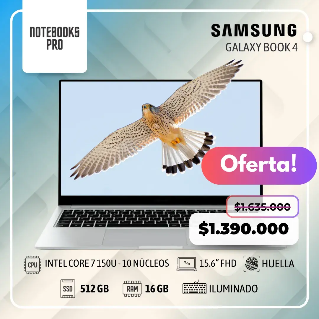 SAMSUNG GALAXY BOOK 4 - INTEL CORE 7 150U - SSD 512 GB - 16 GB RAM - 15.6” FHD - Teclado Retroiluminado - Lector huella - 10 núcleos
