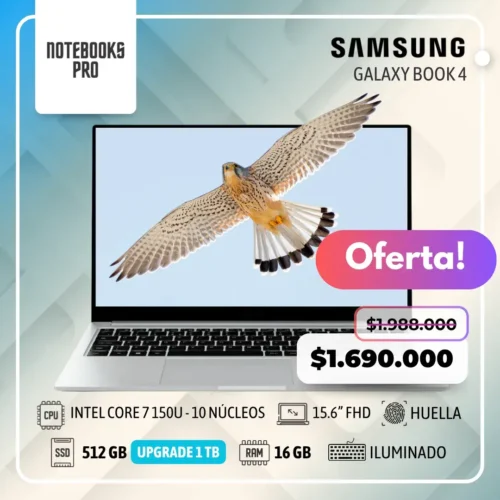 SAMSUNG GALAXY BOOK 4 - INTEL CORE 7 150U - SSD 512 GB - 16 GB RAM - 15.6” FHD - Teclado Retroiluminado - Lector huella - 10 núcleos
