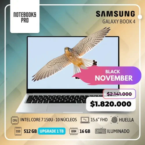 SAMSUNG GALAXY BOOK 4 - INTEL CORE 7 150U - SSD 512 GB - 16 GB RAM - 15.6” FHD - Teclado Retroiluminado - Lector huella - 10 núcleos