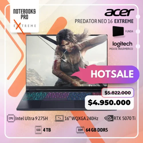 ACER PREDATOR NEO 16S EXTREME - Intel Core Ultra 9 275H - SSD 4 TB - 64 GB RAM DDR5 - 16” WQXGA 240Hz - RTX 5070 TI - Teclado Retroiluminado - 24 Núcleos