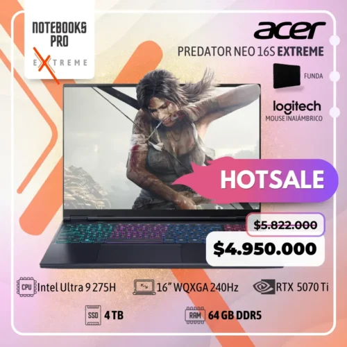 ACER PREDATOR NEO 16S EXTREME - Intel Core Ultra 9 275H - SSD 4 TB - 64 GB RAM DDR5 - 16” WQXGA 240Hz - RTX 5070 TI - Teclado Retroiluminado - 24 Núcleos