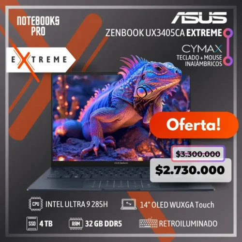 ASUS ZENBOOK UX3405CA EXTREME - INTEL CORE ULTRA 9 285H - SSD 4 TB - 32 GB RAM DDR5 - 14" OLED WUXGA Touch + KIT TECLADO + MOUSE WIRELESS CYMAX
