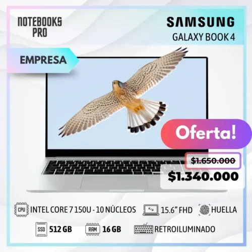 SAMSUNG GALAXY BOOK 4 - INTEL CORE 7 150U - SSD 512 GB - 16 GB RAM - 15.6” FHD - Teclado Retroiluminado - Lector huella - 10 núcleos