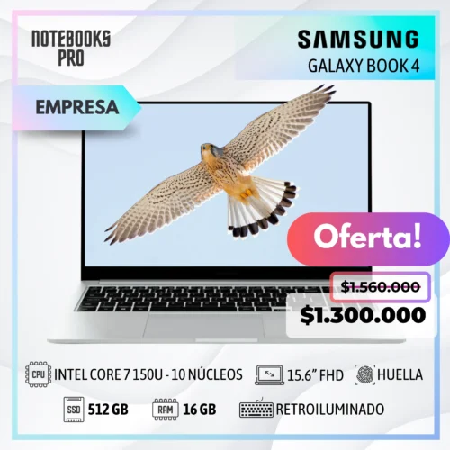 SAMSUNG GALAXY BOOK 4 - INTEL CORE 7 150U - SSD 512 GB - 16 GB RAM - 15.6” FHD - Teclado Retroiluminado - Lector huella - 10 núcleos