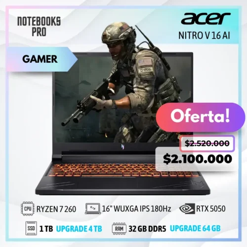 ACER NITRO V 16 AI - RYZEN 7 260 - SSD 1 TB - 32 GB RAM DDR5 - RTX 5050 - 16" WUXGA IPS 180Hz - 8 Núcleos - Teclado Retroiluminado