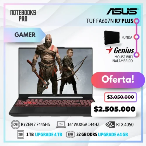 ASUS TUF FA607N PLUS - RYZEN 7 7445HS - SSD 1 TB - 32 GB RAM DDR5 - 16" WUXGA 144HZ - RTX 4050 - Teclado retroiluminado - 6 Núcleos
