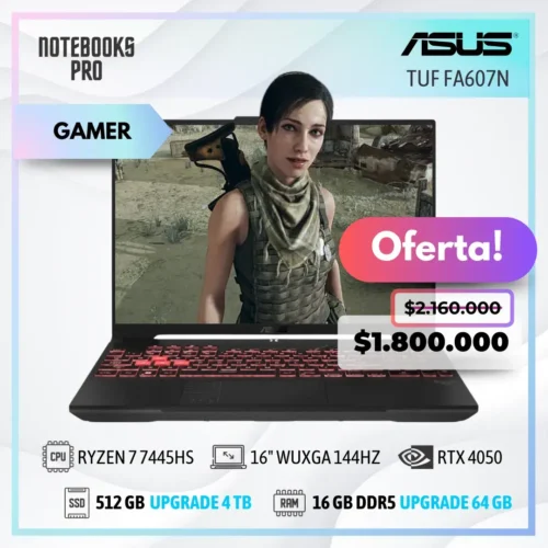 ASUS TUF FA607N - RYZEN 7 7445HS - SSD 512 GB - 16 GB RAM DDR5 - 16" WUXGA 144HZ - RTX 4050 - Teclado retroiluminado - 6 Núcleos