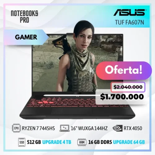 ASUS TUF FA607N - RYZEN 7 7445HS - SSD 512 GB - 16 GB RAM DDR5 - 16" WUXGA 144HZ - RTX 4050 - Teclado retroiluminado - 6 Núcleos