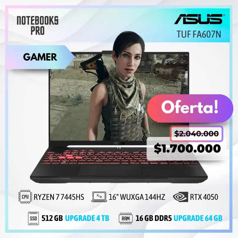 ASUS TUF FA607N - RYZEN 7 7445HS - SSD 512 GB - 16 GB RAM DDR5 - 16" WUXGA 144HZ - RTX 4050 - Teclado retroiluminado - 6 Núcleos
