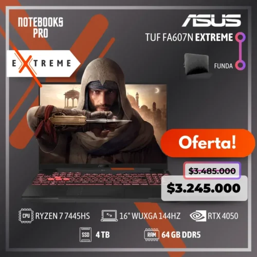 ASUS TUF FA607N EXTREME - RYZEN 7 7445HS - SSD 4 TB - 64 GB RAM DDR5 - 16" WUXGA 144HZ - RTX 4050 - Teclado retroiluminado - 6 Núcleos