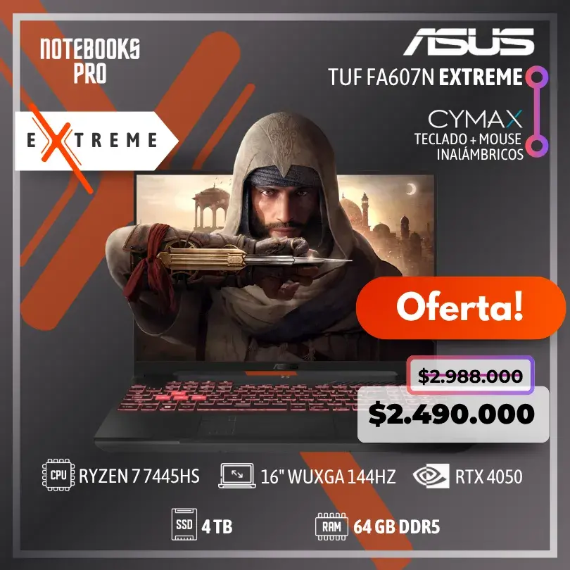 ASUS TUF FA607N EXTREME - RYZEN 7 7445HS - SSD 4 TB - 64 GB RAM DDR5 - 16" WUXGA 144HZ - RTX 4050 - Teclado retroiluminado - 6 Núcleos