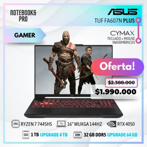 ASUS TUF FA607N PLUS - RYZEN 7 7445HS - SSD 1 TB - 32 GB RAM DDR5 - 16" WUXGA 144HZ - RTX 4050 - Teclado retroiluminado - 6 Núcleos