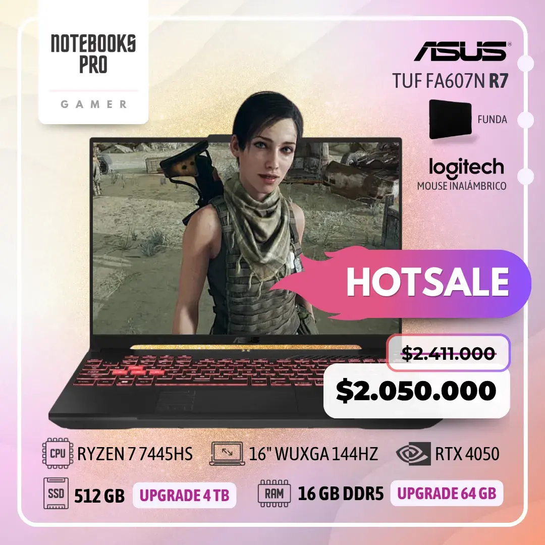 ASUS TUF FA607N - RYZEN 7 7445HS - SSD 512 GB - 16 GB RAM DDR5 - 16" WUXGA 144HZ - RTX 4050 - Teclado retroiluminado - 6 Núcleos