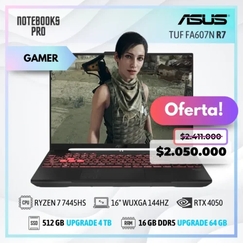 ASUS TUF FA607N - RYZEN 7 7445HS - SSD 512 GB - 16 GB RAM DDR5 - 16" WUXGA 144HZ - RTX 4050 - Teclado retroiluminado - 6 Núcleos