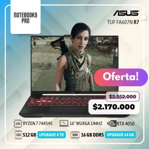 ASUS TUF FA607N - RYZEN 7 7445HS - SSD 512 GB - 16 GB RAM DDR5 - 16" WUXGA 144HZ - RTX 4050 - Teclado retroiluminado - 6 Núcleos