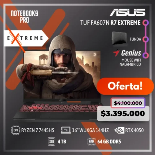 ASUS TUF FA607N EXTREME - RYZEN 7 7445HS - SSD 4 TB - 64 GB RAM DDR5 - 16" WUXGA 144HZ - RTX 4050 - Teclado retroiluminado - 6 Núcleos