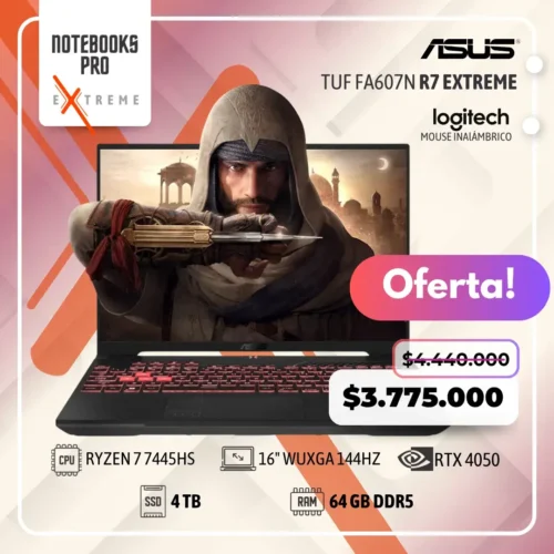 ASUS TUF FA607N EXTREME - RYZEN 7 7445HS - SSD 4 TB - 64 GB RAM DDR5 - 16" WUXGA 144HZ - RTX 4050 - Teclado retroiluminado - 6 Núcleos