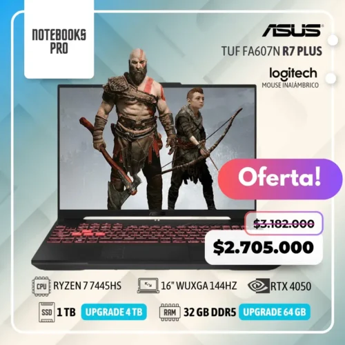 ASUS TUF FA607N PLUS - RYZEN 7 7445HS - SSD 1 TB - 32 GB RAM DDR5 - 16" WUXGA 144HZ - RTX 4050 - Teclado retroiluminado - 6 Núcleos