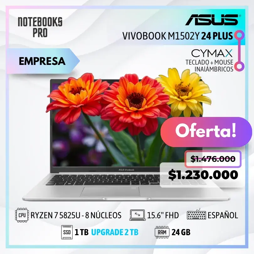 ASUS VIVOBOOK M1502Y 24 PLUS - RYZEN 7 5825U - SSD 1 TB - 24 GB RAM - 15.6'' FHD - 8 Núcleos - Teclado español