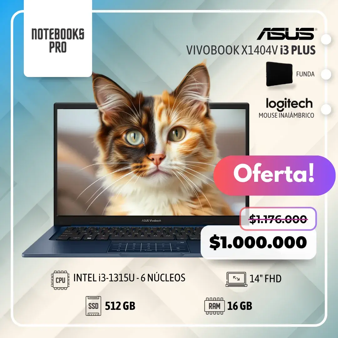 ASUS VIVOBOOK X1404V PLUS - i3-1315U - SSD 512 GB - 16 GB RAM - 14" FHD - 6 Núcleos