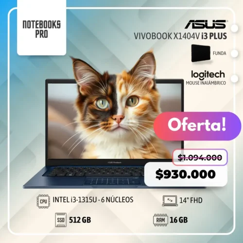 ASUS VIVOBOOK X1404V PLUS - i3-1315U - SSD 512 GB - 16 GB RAM - 14" FHD - 6 Núcleos